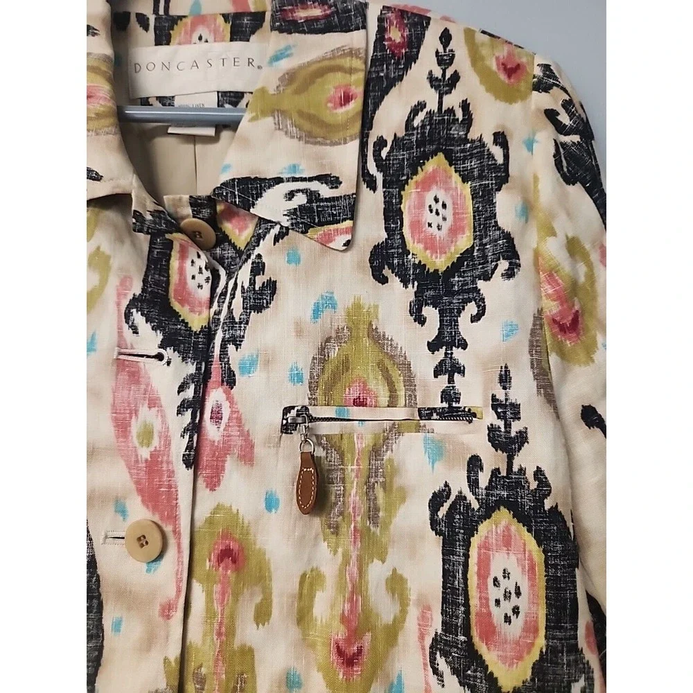 Doncaster‎ Womens Button Down Jacket Size 4 Multicolor Retro Paisley 100% Linen